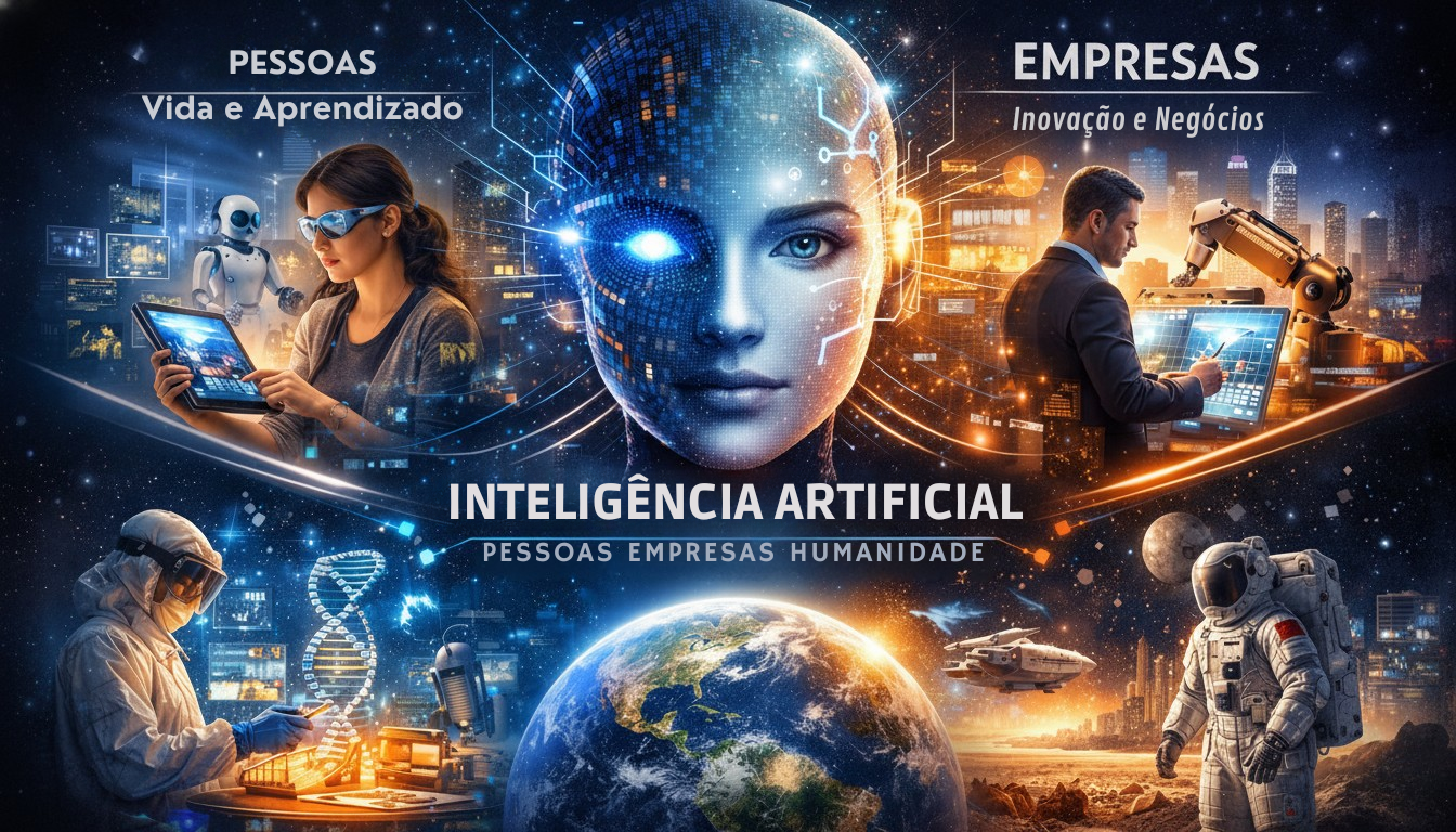 Ilustração digital representando o impacto da inteligência artificial nas pessoas, empresas e na humanidade, com tecnologia, inovação, educação e sociedade conectadas.