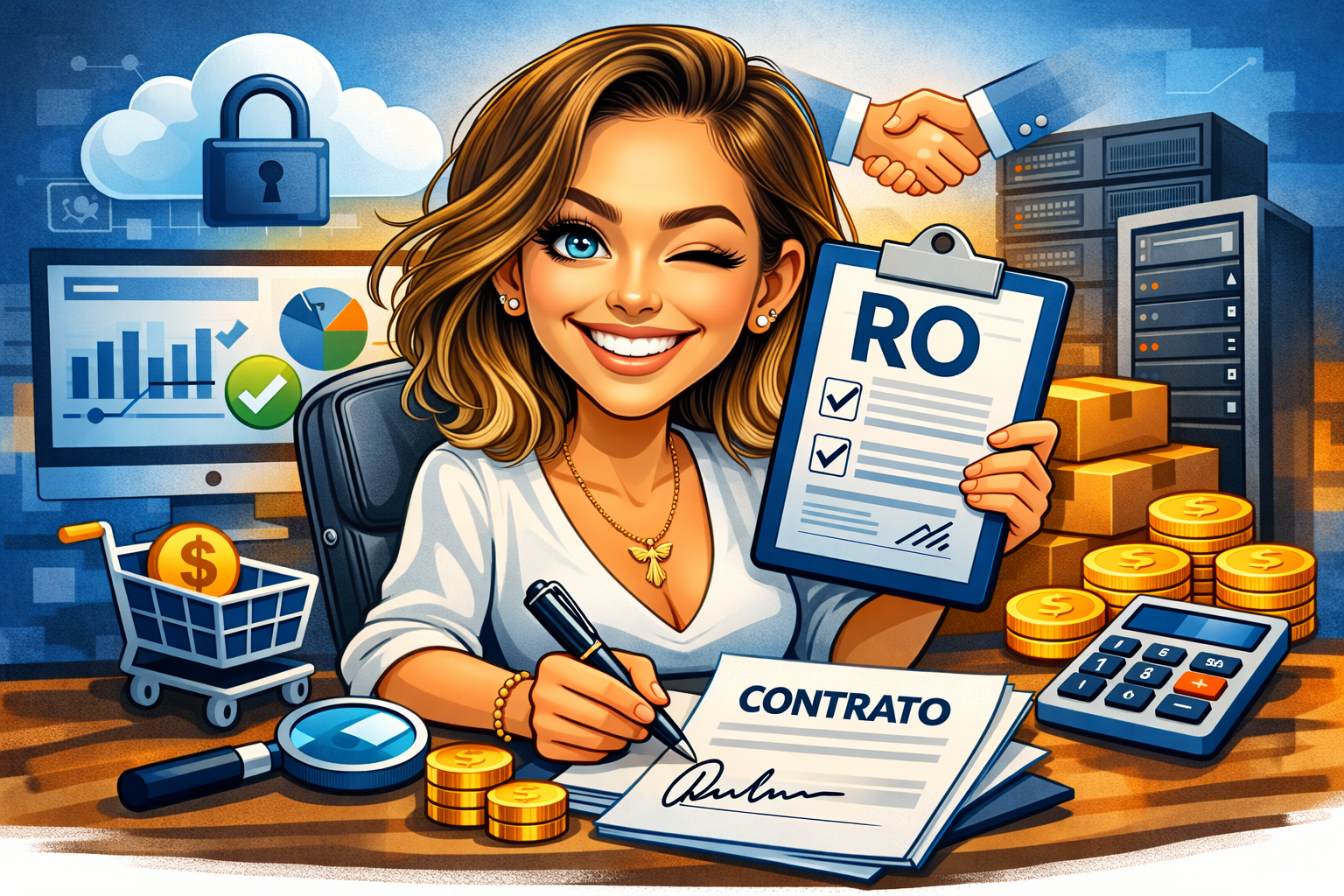 Caricatura de compradora de tecnologia atrás de mesa com contratos, RO, hardware, software e elementos de compras corporativas