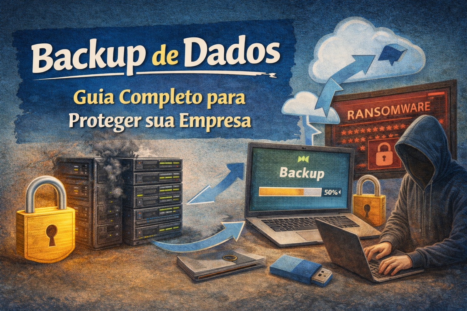 Ilustração de servidores em backup com cadeado de segurança e ameaça de ransomware, representando proteção de dados empresariais