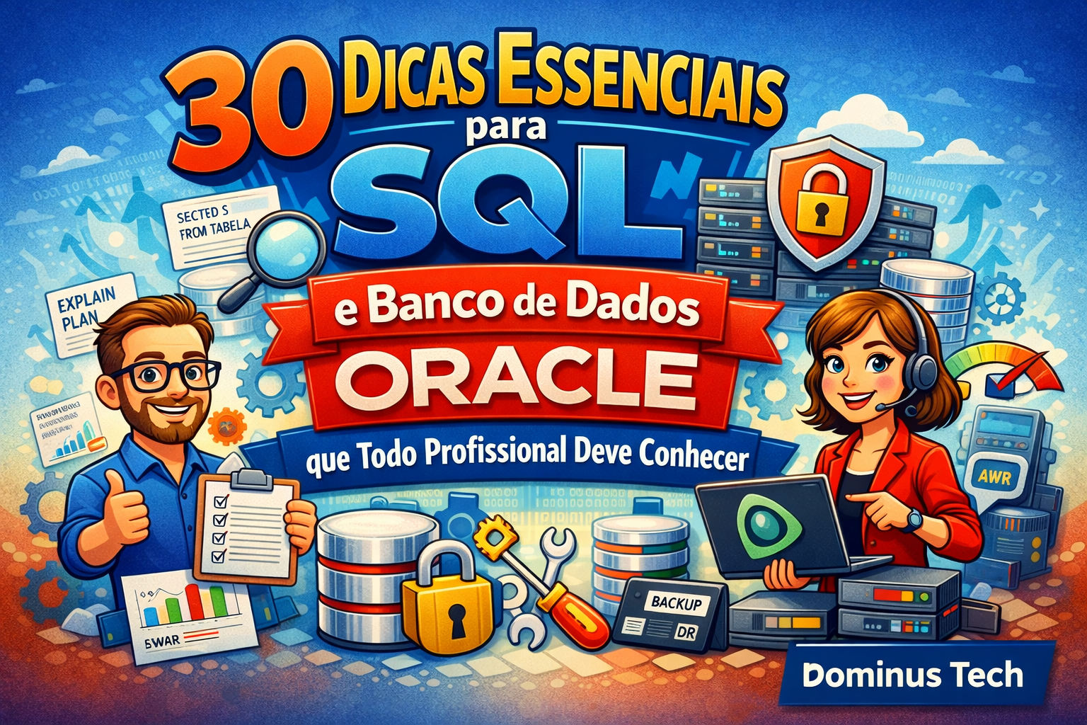 DBA otimizando SQL no Oracle Database com monitoramento de performance em notebook Dominus Tech, representando guia com 30 dicas essenciais de tuning e administração.