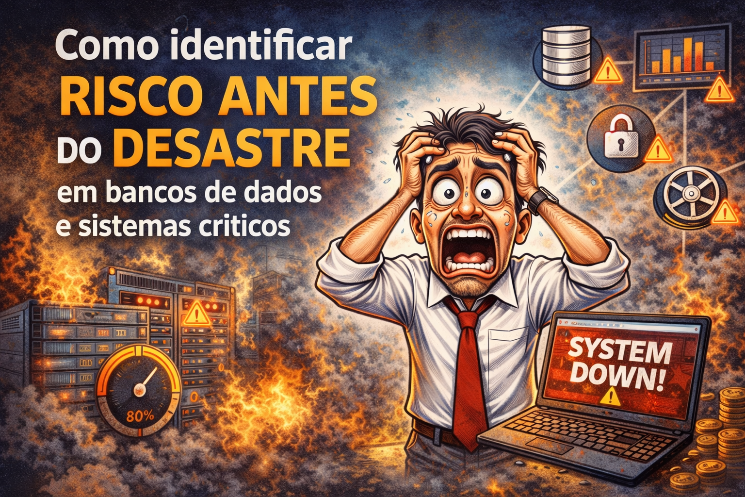 Empresário preocupado analisando painel de monitoramento de banco de dados para identificar risco antes do desastre e evitar downtime