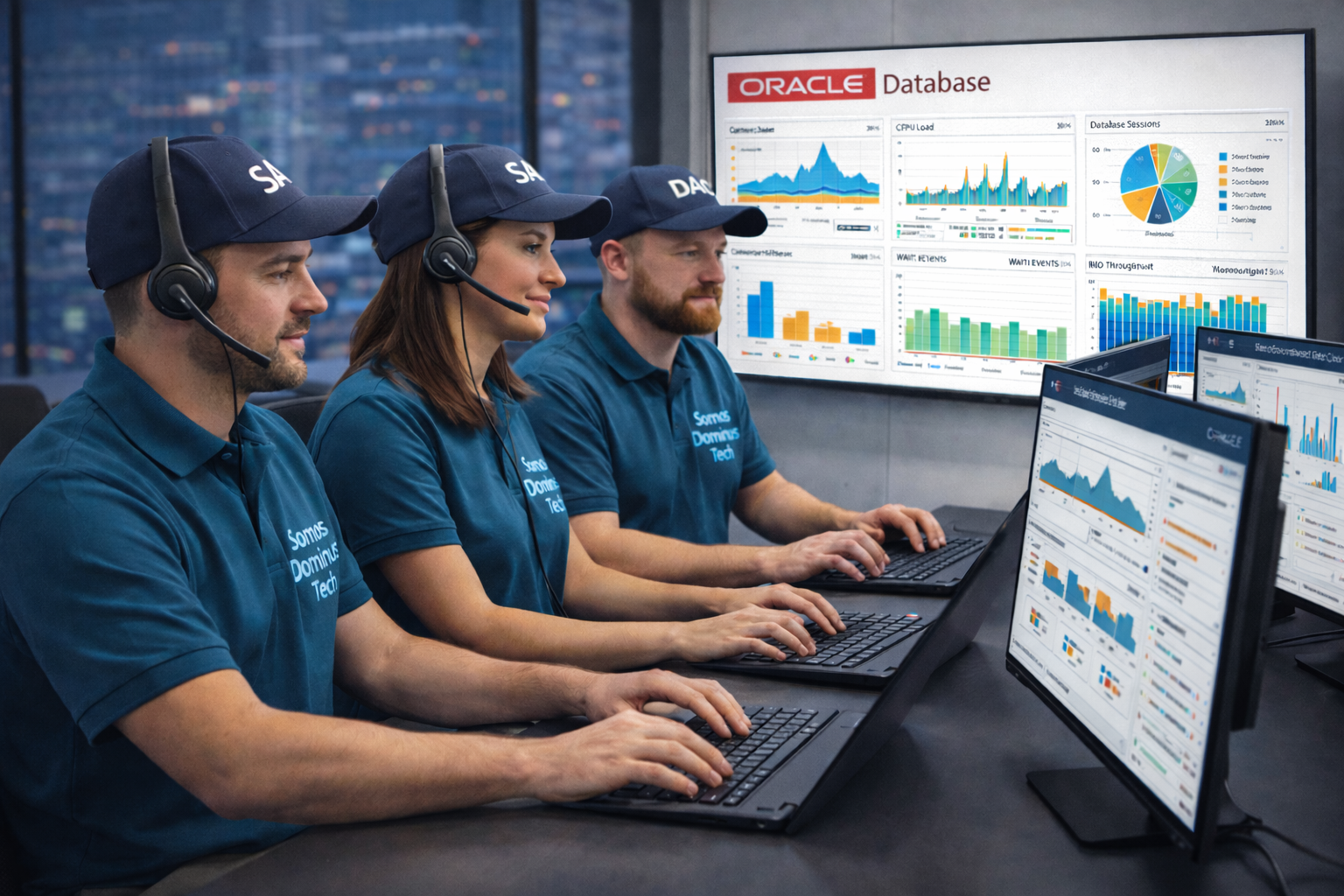 equipe técnica da Dominus Tech monitorando dashboard de performance do Oracle Database com gráficos em tempo real