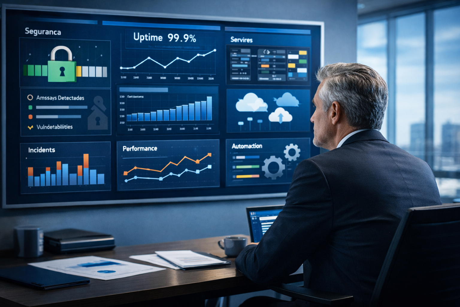CEO analisando painel digital para monitorar TI da empresa com indicadores de segurança, desempenho e infraestrutura