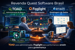 Painel corporativo de TI mostrando soluções Quest Software com TOAD para administração de bancos de dados, Foglight para monitoramento de performance e erwin para modelagem e governança de dados.