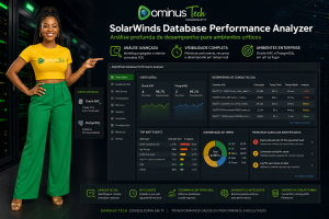 Profissional da Dominus Tech apresentando dashboard do SolarWinds Database Performance Analyzer com monitoramento de consultas SQL, wait events, desempenho e gargalos em ambientes Oracle RAC e PostgreSQL Enterprise.