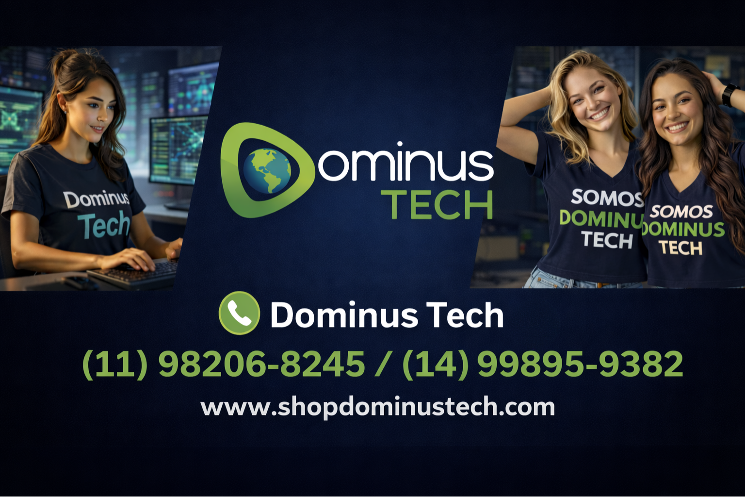 Equipe Dominus Tech com camisetas “Somos Dominus Tech” em destaque, ambiente tecnológico com código em telas e informações de contato incluindo site oficial