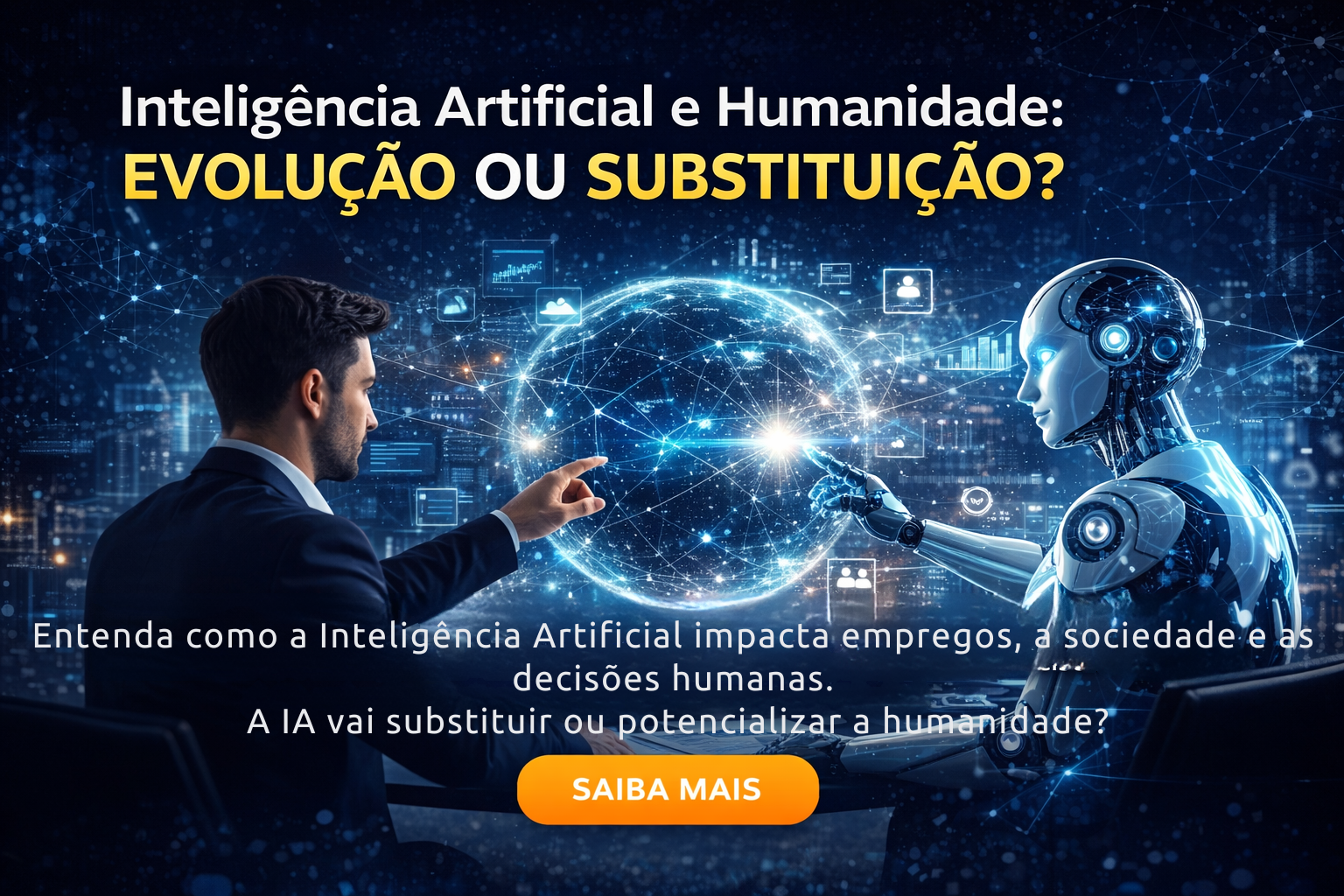 Homem e robô interagindo com globo digital representando a relação entre inteligência artificial e humanidade