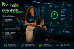 Equipe da Dominus Tech e executivo analisando dashboards de monitoramento de banco de dados com indicadores de alta disponibilidade, SLA e performance em ambiente de outsourcing.