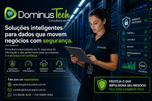 Profissional da Dominus Tech em datacenter monitorando segurança digital empresarial, proteção de dados e desempenho de servidores