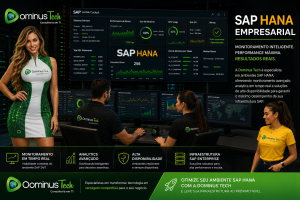 Equipe Dominus Tech monitorando dashboards SAP HANA empresarial com analytics em tempo real e infraestrutura SAP enterprise de alta disponibilidade.