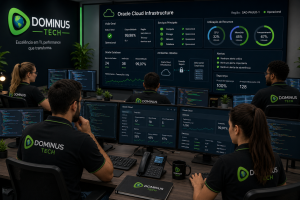 Equipe de analistas da Dominus Tech monitorando Oracle Cloud Infrastructure (OCI) em centro de operações corporativo, acompanhando dashboards de desempenho, disponibilidade, segurança e recursos computacionais em tempo real.