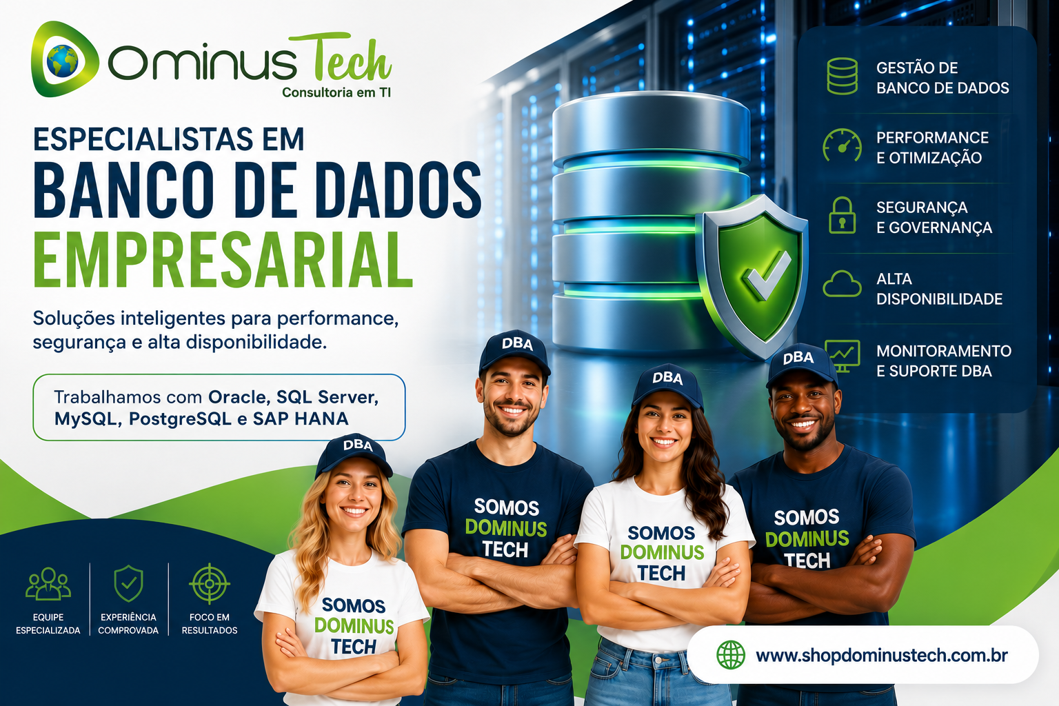Equipe da Dominus Tech especializada em banco de dados empresarial, DBA, Oracle, SQL Server, MySQL, PostgreSQL e SAP HANA em ambiente corporativo de TI.