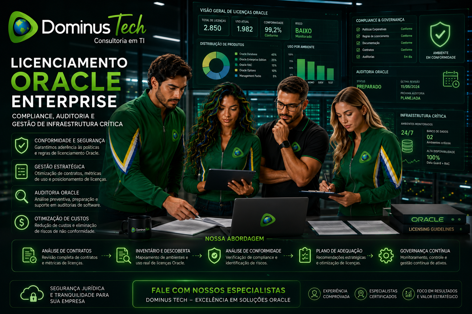 Equipe da Dominus Tech analisando licenciamento Oracle Enterprise, compliance Oracle, auditoria de software, governança de TI e gestão de infraestrutura crítica em ambiente corporativo tecnológico.