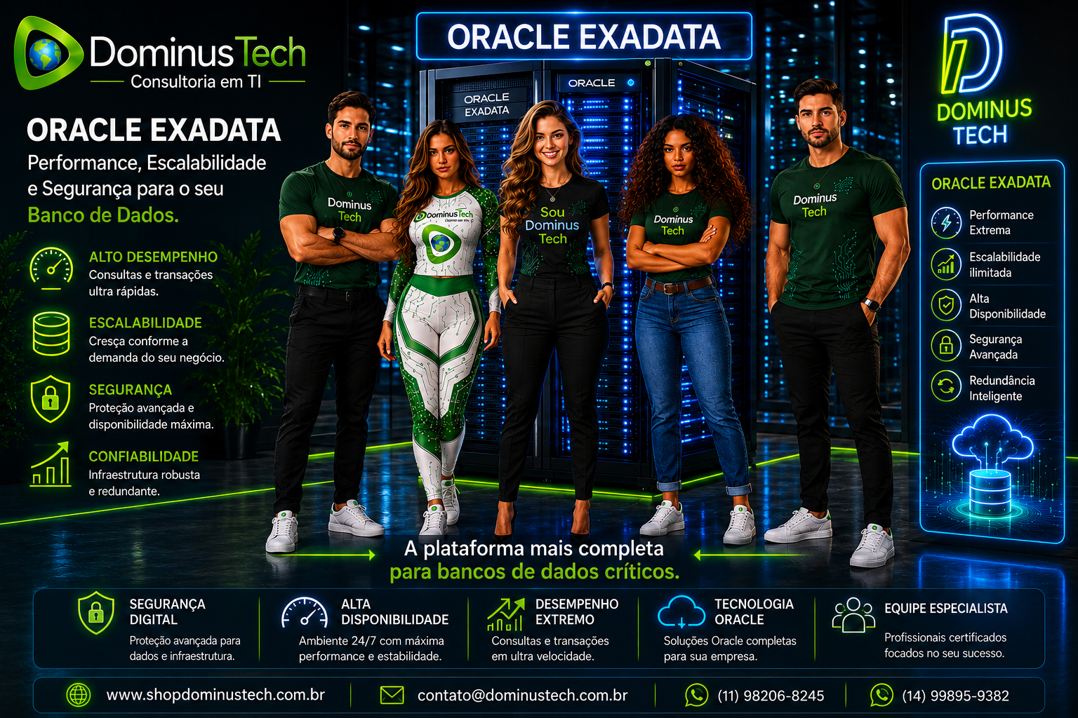 Equipe da DominusTech apresentando solução Oracle Exadata em data center moderno com servidores de alta performance, tecnologia corporativa, segurança digital e banco de dados inteligente.