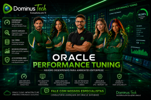 Equipe da Dominus Tech especializada em Oracle Performance Tuning monitorando dashboards de performance Oracle, AWR, ASH, ADDM, SQL Tuning e otimização de banco de dados enterprise em ambiente corporativo tecnológico.