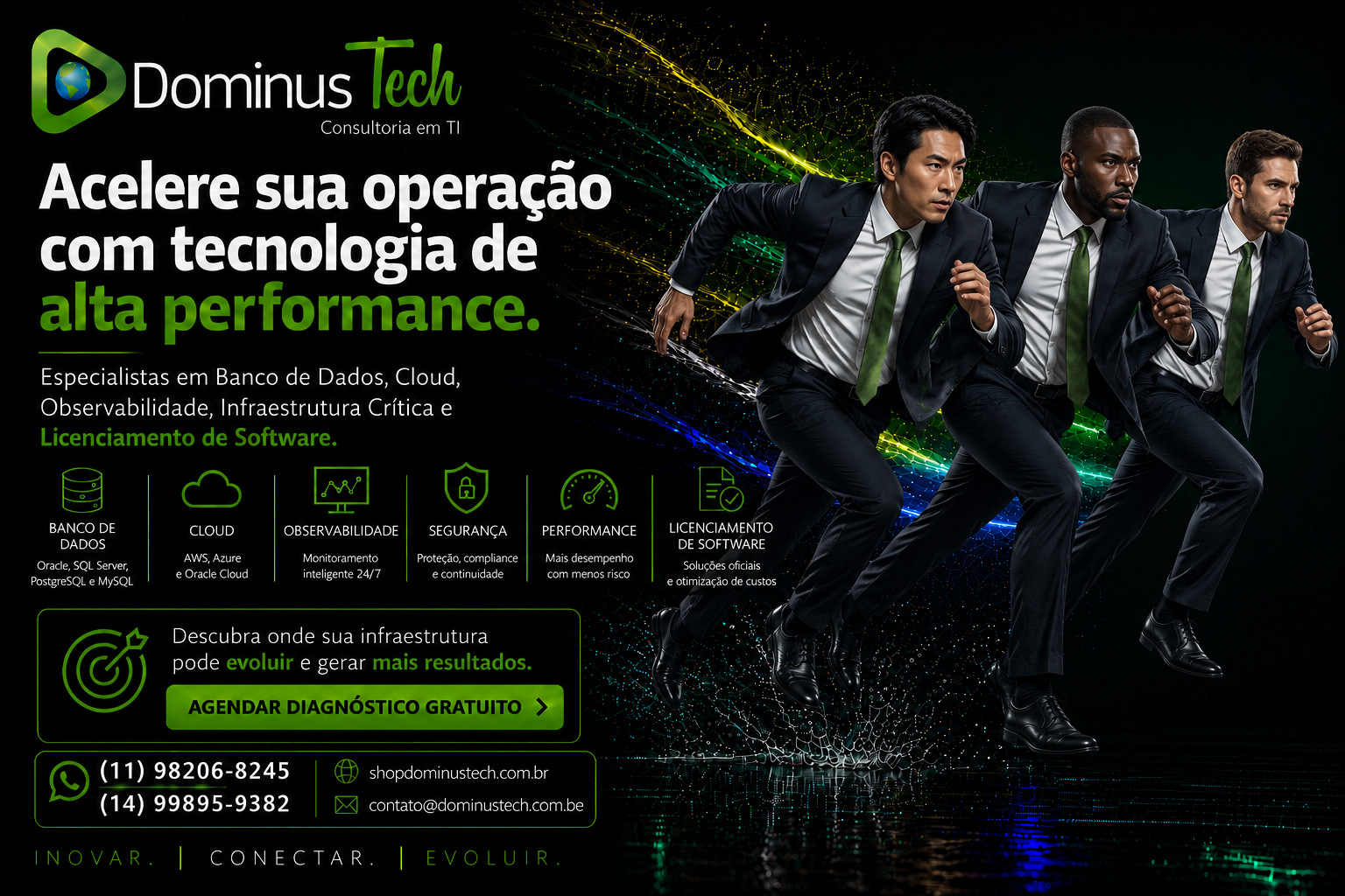 Banner institucional da Dominus Tech com atleta tecnológica correndo em alta velocidade, representando performance, inovação, cloud computing, observabilidade, infraestrutura crítica, banco de dados e licenciamento de software.