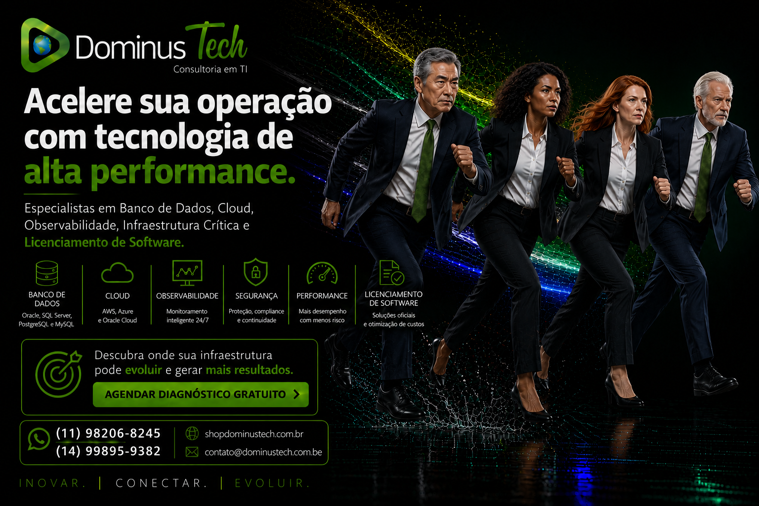 Banner institucional da Dominus Tech com atleta tecnológica correndo em alta velocidade, representando performance, inovação, cloud computing, observabilidade, infraestrutura crítica, banco de dados e licenciamento de software.
