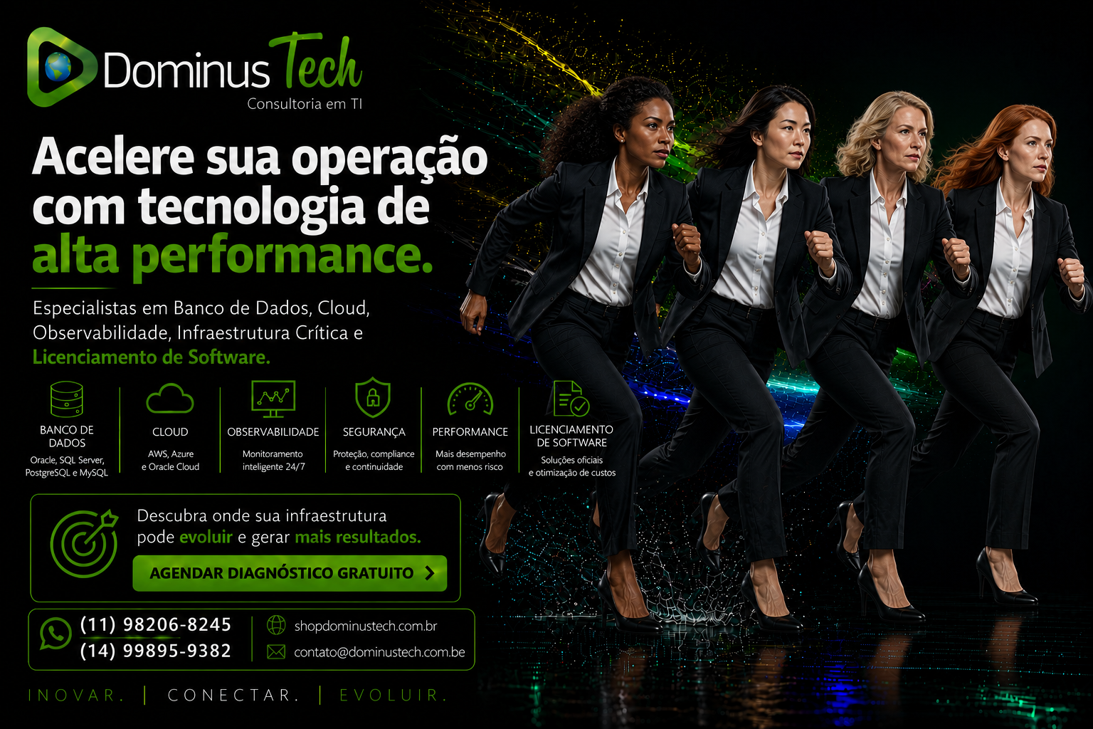 Banner institucional da Dominus Tech com atleta tecnológica correndo em alta velocidade, representando performance, inovação, cloud computing, observabilidade, infraestrutura crítica, banco de dados e licenciamento de software.