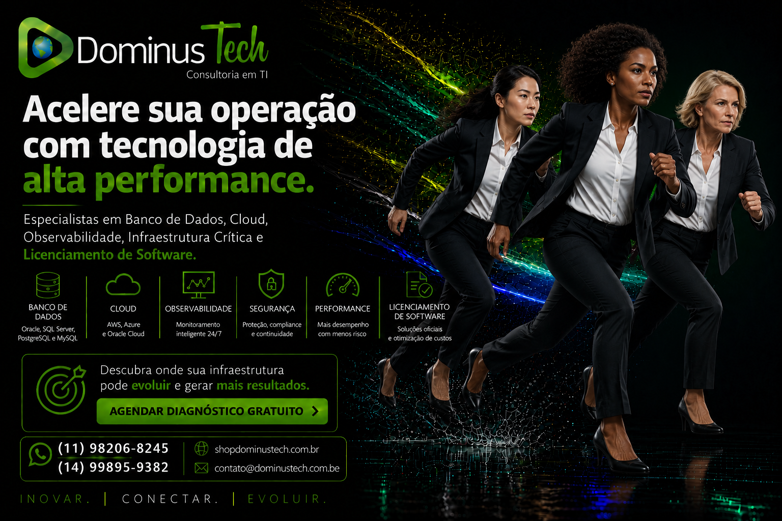Banner institucional da Dominus Tech com atleta tecnológica correndo em alta velocidade, representando performance, inovação, cloud computing, observabilidade, infraestrutura crítica, banco de dados e licenciamento de software.