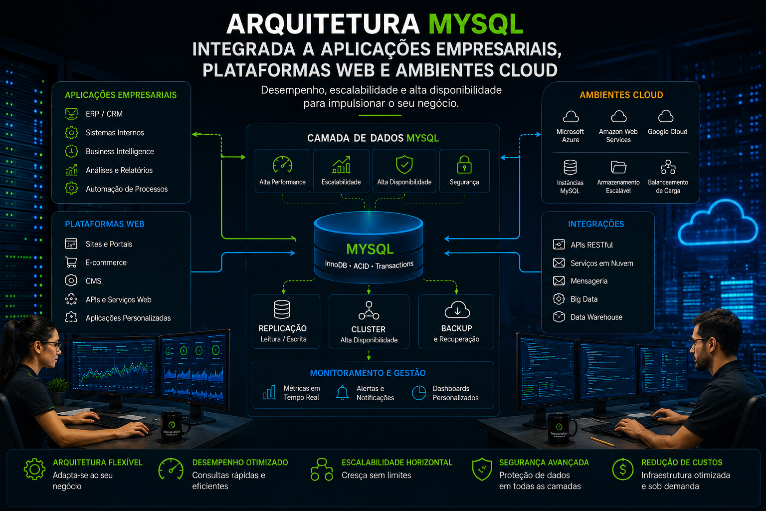 Arquitetura MySQL corporativa integrada a aplicações empresariais, plataformas web e ambientes cloud, exibindo banco de dados central, recursos de alta disponibilidade, replicação, clusterização, backup, monitoramento em tempo real e integração com serviços corporativos em um moderno ambiente de TI.