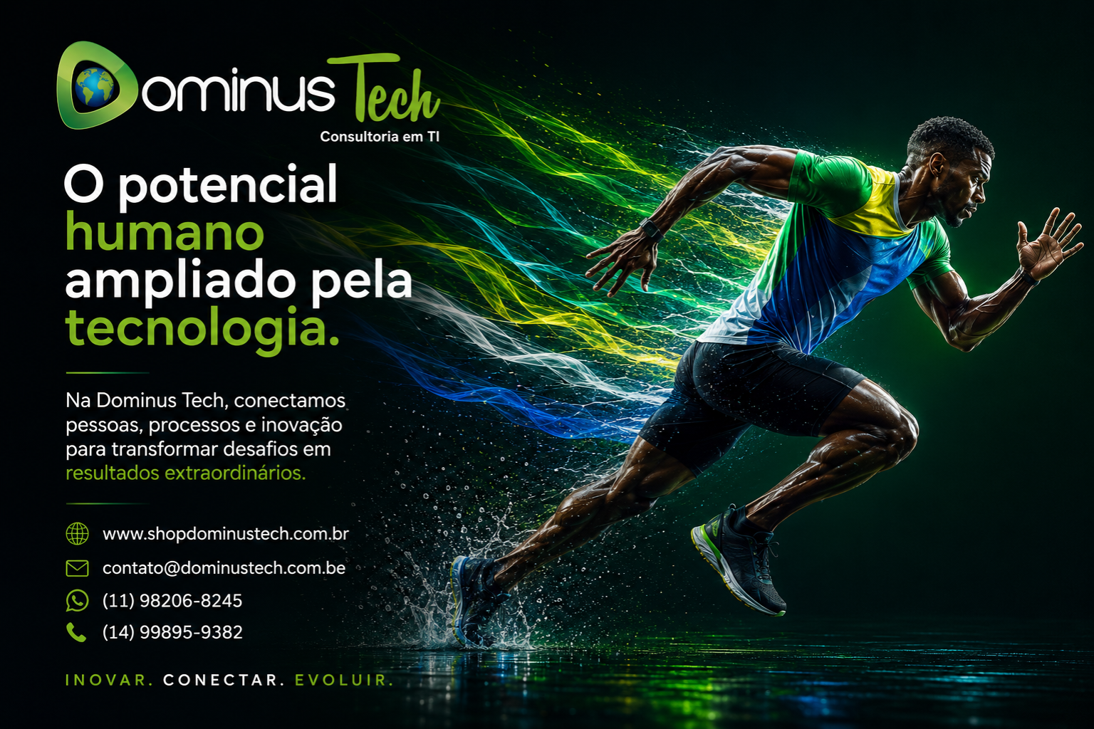 Atleta em corrida de alta performance com efeitos tecnológicos em verde, azul, amarelo e branco representando inovação, velocidade, transformação digital e tecnologia empresarial da Dominus Tech.