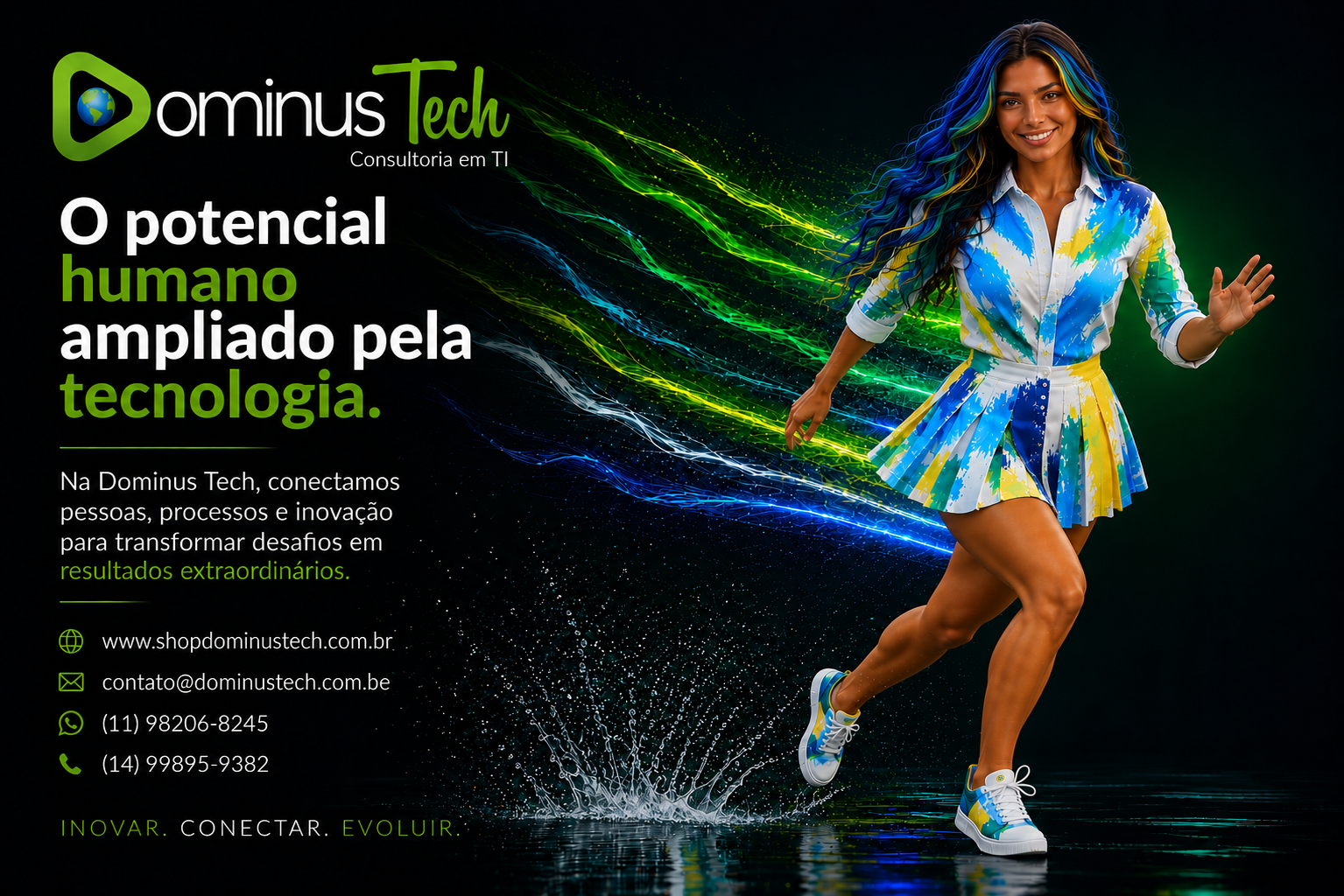 Profissional da Dominus Tech em movimento representando inovação, transformação digital e o potencial humano ampliado pela tecnologia, com efeitos visuais em verde, azul e amarelo simbolizando velocidade, evolução e conectividade.