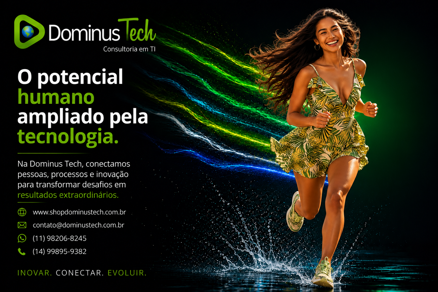 Profissional da Dominus Tech em movimento representando inovação, transformação digital e o potencial humano ampliado pela tecnologia, com efeitos visuais em verde, azul e amarelo simbolizando velocidade, evolução e conectividade.