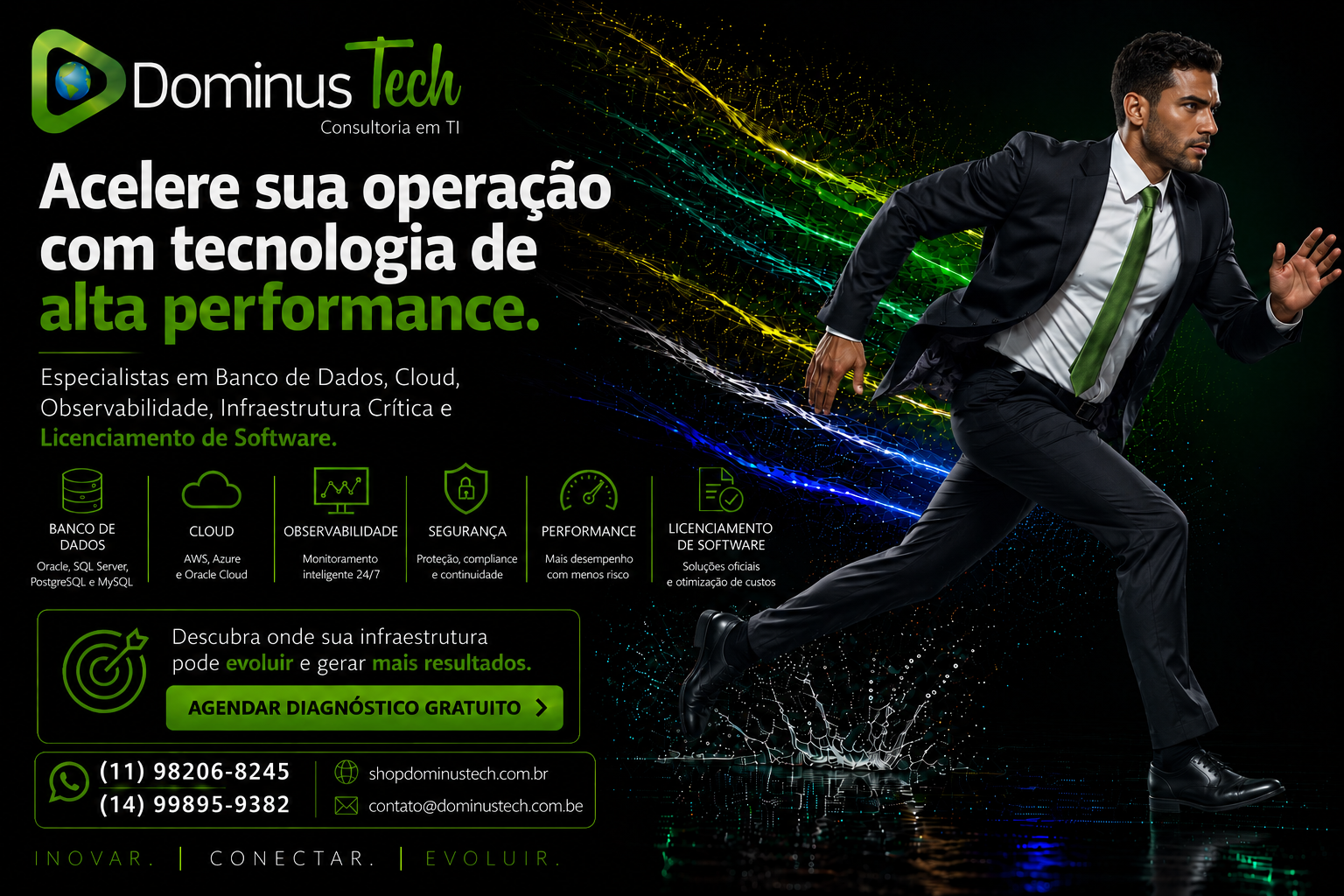 Banner institucional da Dominus Tech com atleta tecnológica correndo em alta velocidade, representando performance, inovação, cloud computing, observabilidade, infraestrutura crítica, banco de dados e licenciamento de software.