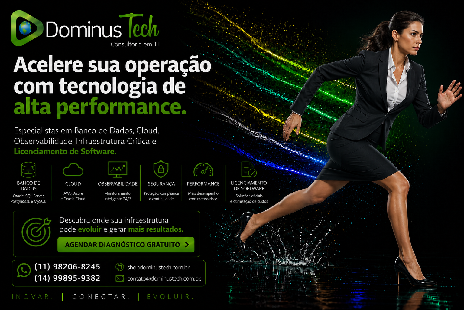 Banner institucional da Dominus Tech com atleta tecnológica correndo em alta velocidade, representando performance, inovação, cloud computing, observabilidade, infraestrutura crítica, banco de dados e licenciamento de software.
