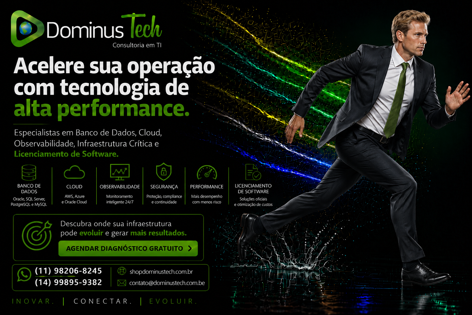 Banner institucional da Dominus Tech com atleta tecnológica correndo em alta velocidade, representando performance, inovação, cloud computing, observabilidade, infraestrutura crítica, banco de dados e licenciamento de software.