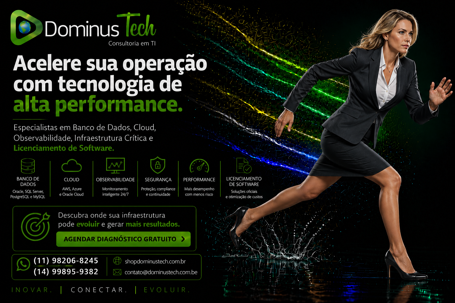 Banner institucional da Dominus Tech com atleta tecnológica correndo em alta velocidade, representando performance, inovação, cloud computing, observabilidade, infraestrutura crítica, banco de dados e licenciamento de software.