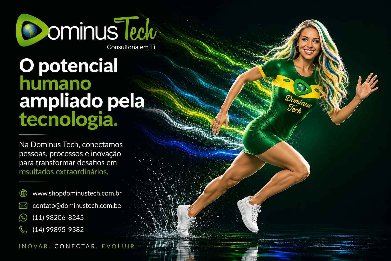 Mulher em movimento com roupa tecnológica nas cores da Dominus Tech representando inovação, transformação digital e potencial humano ampliado pela tecnologia.