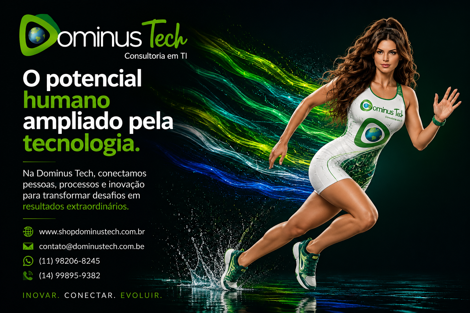 Mulher em movimento com roupa tecnológica nas cores da Dominus Tech representando inovação, transformação digital e potencial humano ampliado pela tecnologia.