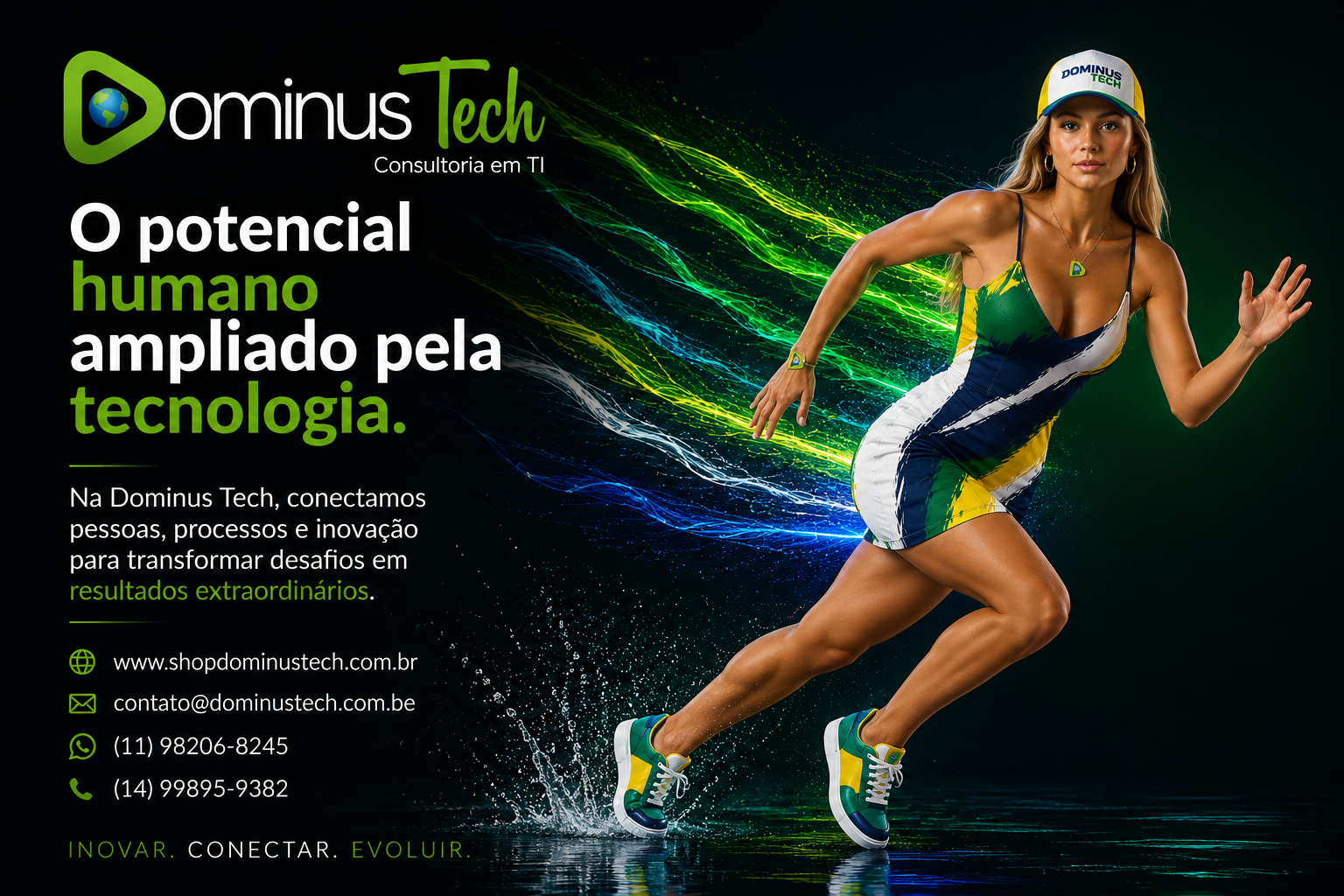 Mulher em movimento com roupa tecnológica nas cores da Dominus Tech representando inovação, transformação digital e potencial humano ampliado pela tecnologia.