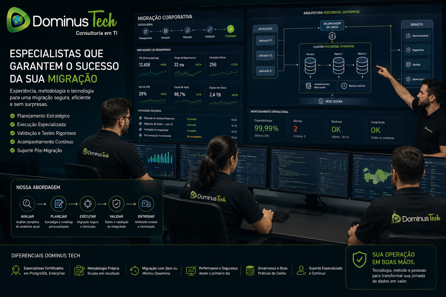 Equipe de especialistas da Dominus Tech acompanhando uma migração corporativa de banco de dados em uma central de operações, utilizando dashboards de monitoramento, indicadores de desempenho, arquitetura PostgreSQL Enterprise, alta disponibilidade e gerenciamento operacional em tempo real.