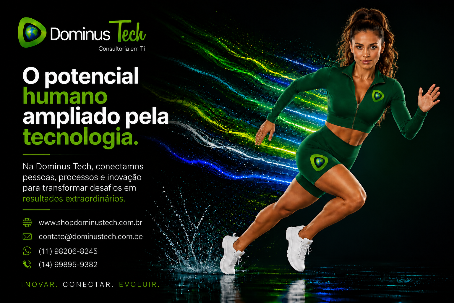 Profissional da Dominus Tech em movimento representando inovação, transformação digital e o potencial humano ampliado pela tecnologia, com efeitos visuais em verde, azul e amarelo simbolizando velocidade, evolução e conectividade.