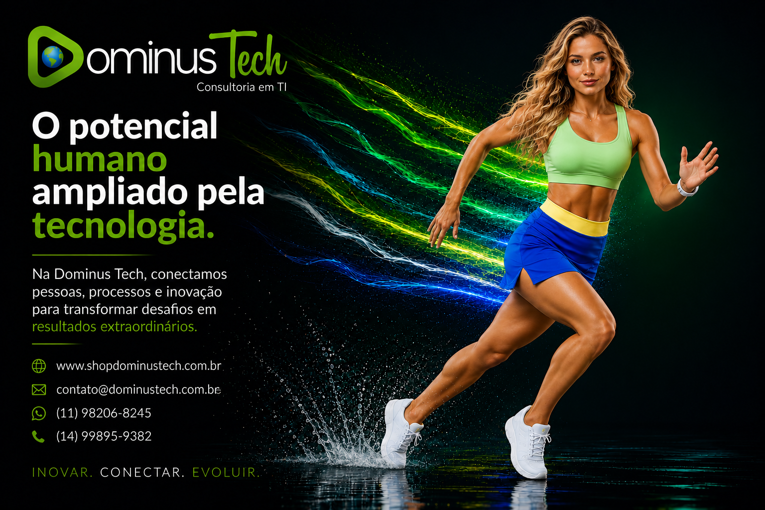 Profissional da Dominus Tech em movimento representando inovação, transformação digital e o potencial humano ampliado pela tecnologia, com efeitos visuais em verde, azul e amarelo simbolizando velocidade, evolução e conectividade.