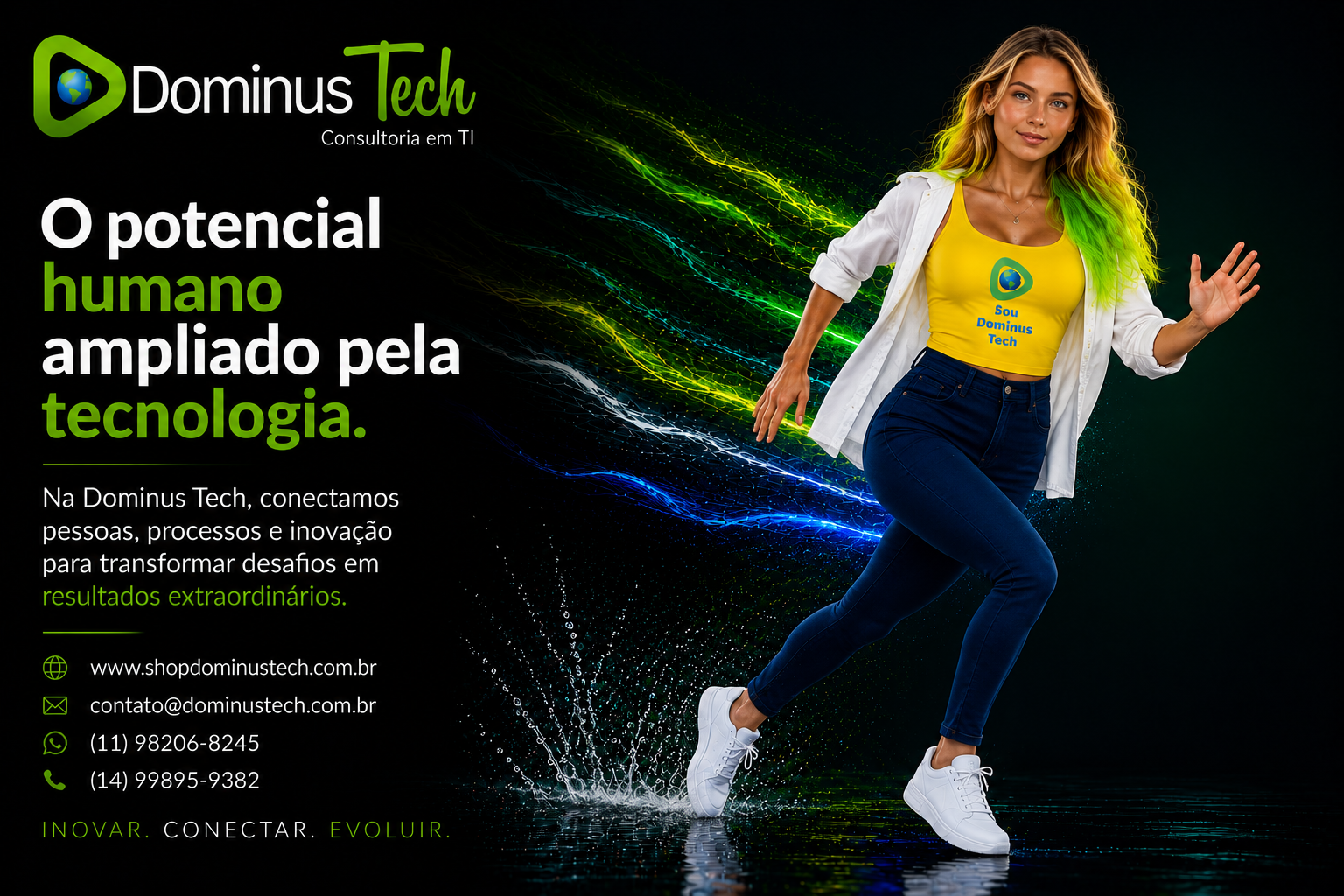 Profissional da Dominus Tech em movimento representando inovação, transformação digital e o potencial humano ampliado pela tecnologia, com efeitos visuais em verde, azul e amarelo simbolizando velocidade, evolução e conectividade.