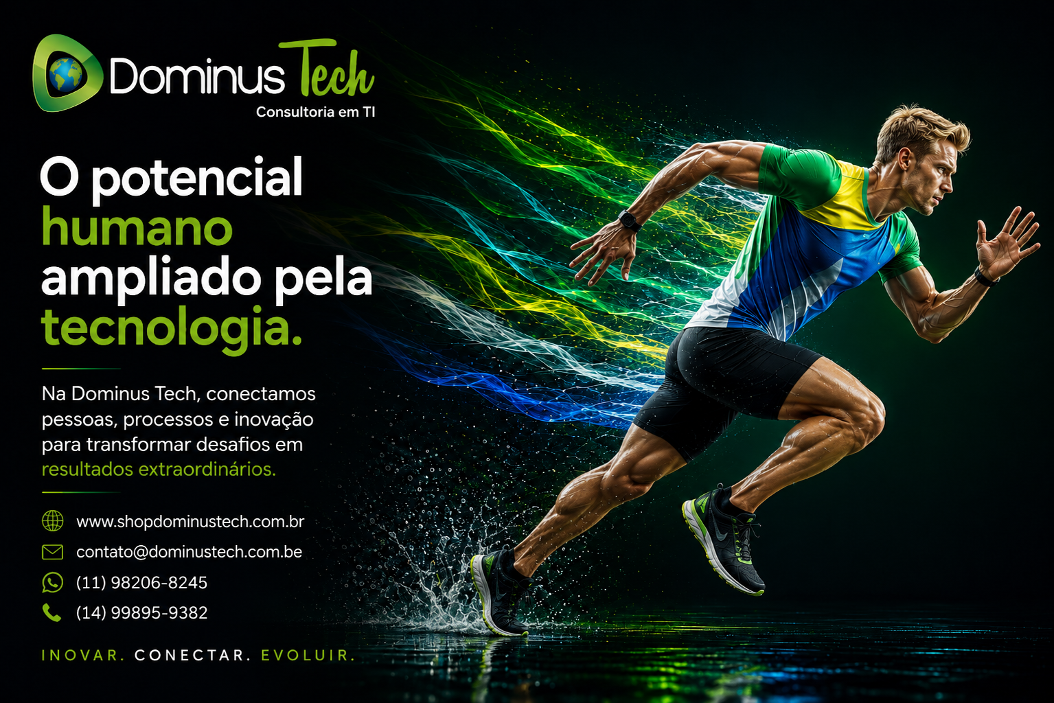 Profissional da Dominus Tech em movimento representando inovação, transformação digital e o potencial humano ampliado pela tecnologia, com efeitos visuais em verde, azul e amarelo simbolizando velocidade, evolução e conectividade.