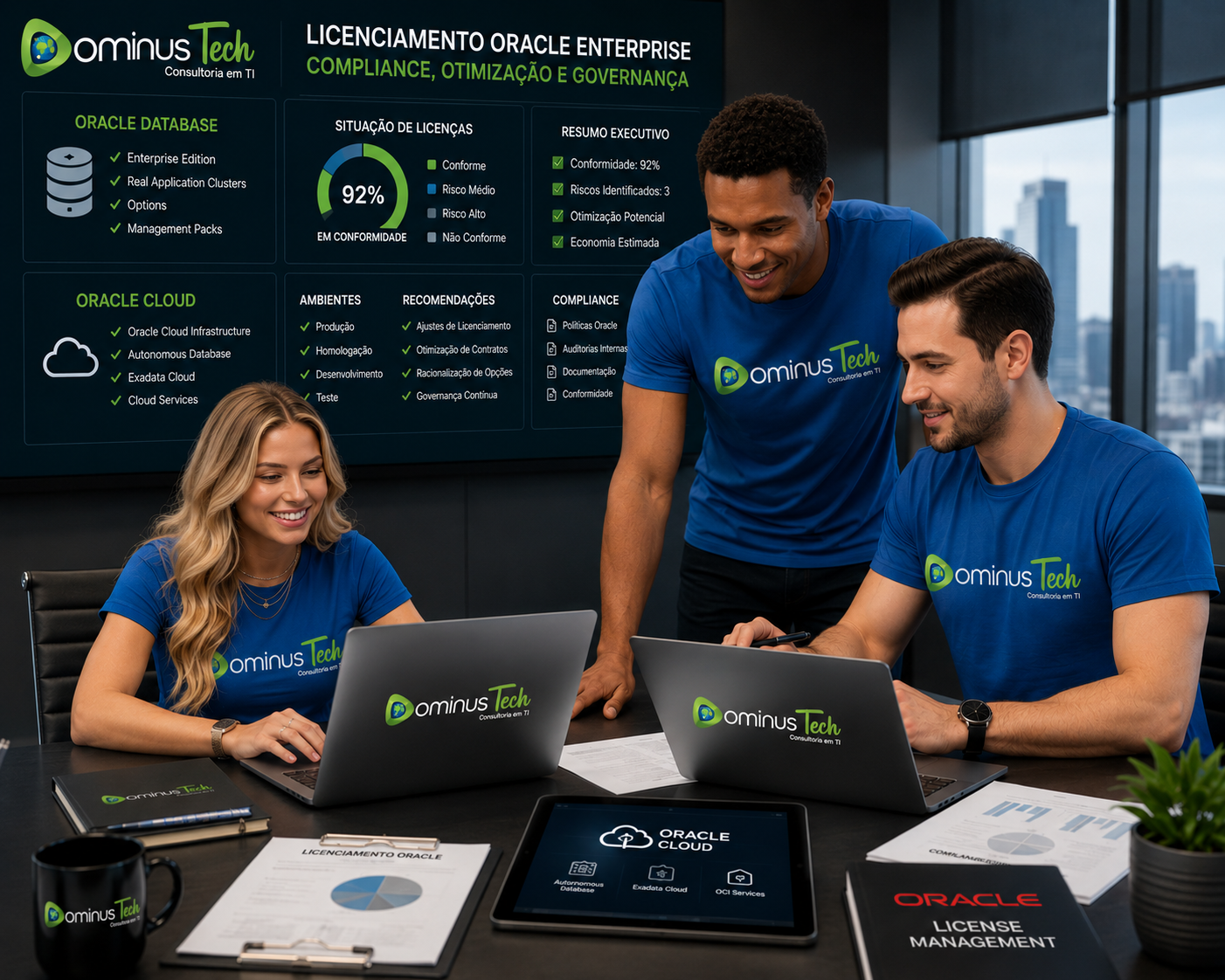 Equipe da Dominus Tech reunida em ambiente corporativo analisando licenciamento Oracle Enterprise, Oracle Database, Oracle Cloud e conformidade corporativa através de dashboards e relatórios especializados.