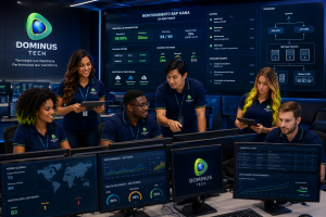 Equipe da Dominus Tech monitorando ambientes SAP HANA em IBM Power em um Centro de Operações (NOC) corporativo, com dashboards de observabilidade, métricas de desempenho, alta disponibilidade e profissionais diversos analisando infraestrutura crítica.
