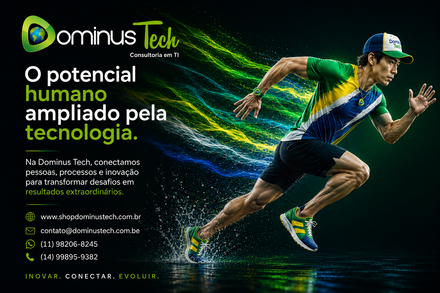Atleta em movimento acelerado utilizando uniforme nas cores da Dominus Tech, cercado por efeitos luminosos verdes, amarelos e azuis, representando inovação, transformação digital e potencial humano impulsionado pela tecnologia.