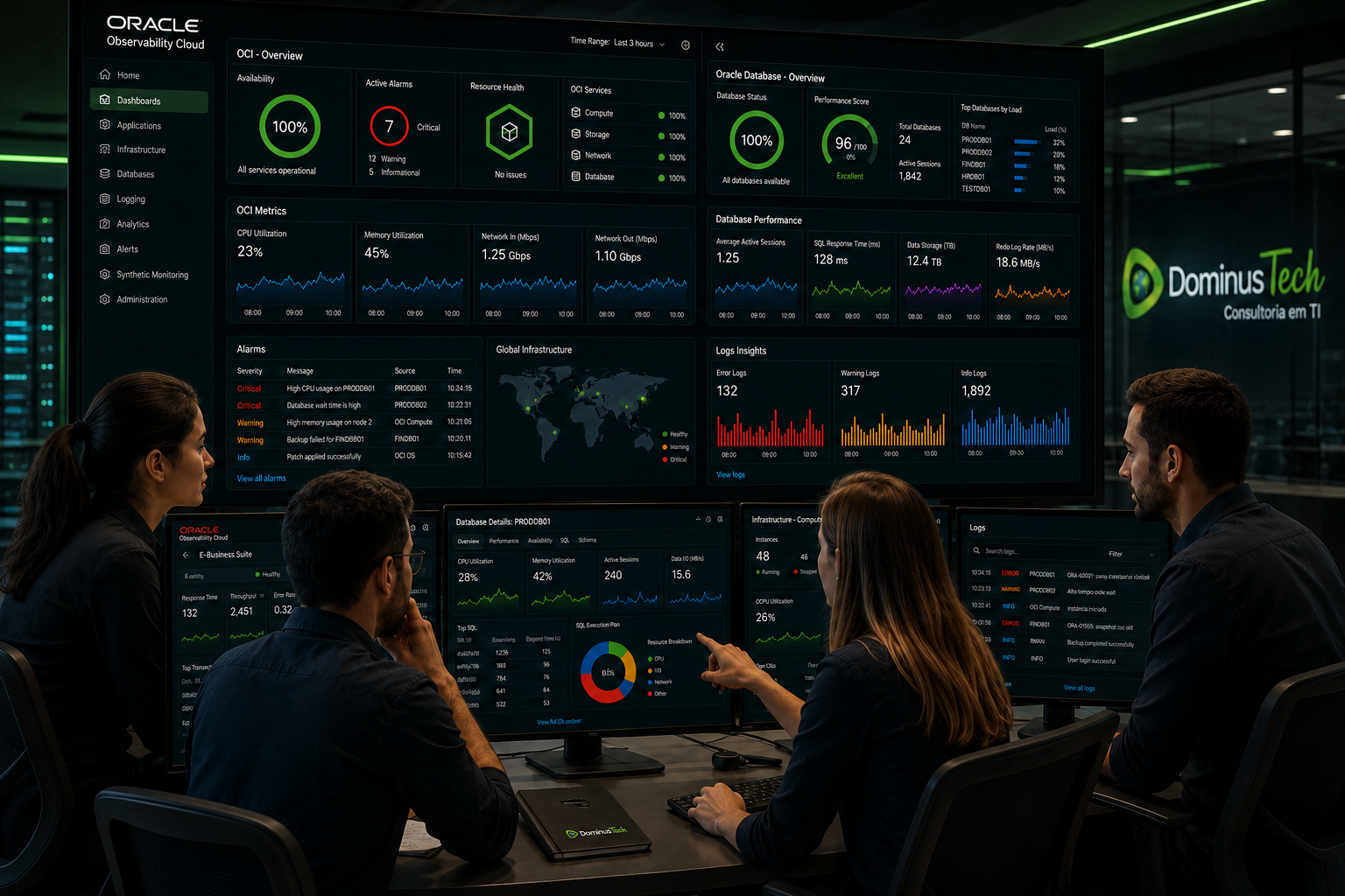 Equipe da Dominus Tech monitorando Oracle Observability Cloud, Oracle Database e infraestrutura enterprise por meio de dashboards avançados de observabilidade e monitoramento em tempo real.