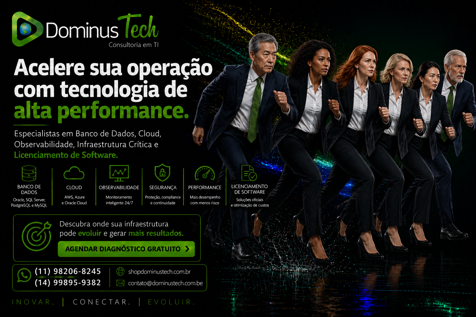Banner institucional da Dominus Tech com atleta tecnológica correndo em alta velocidade, representando performance, inovação, cloud computing, observabilidade, infraestrutura crítica, banco de dados e licenciamento de software.
