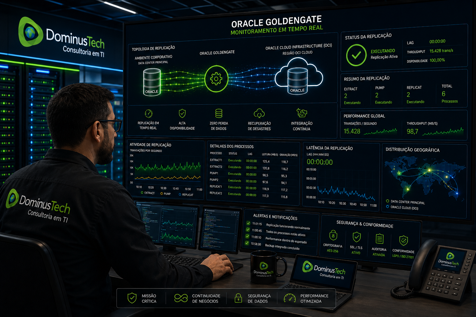 Administrador Oracle monitorando Oracle GoldenGate em ambiente enterprise com replicação Oracle Database em tempo real, alta disponibilidade, Oracle Cloud Infrastructure e dashboards avançados de monitoramento.