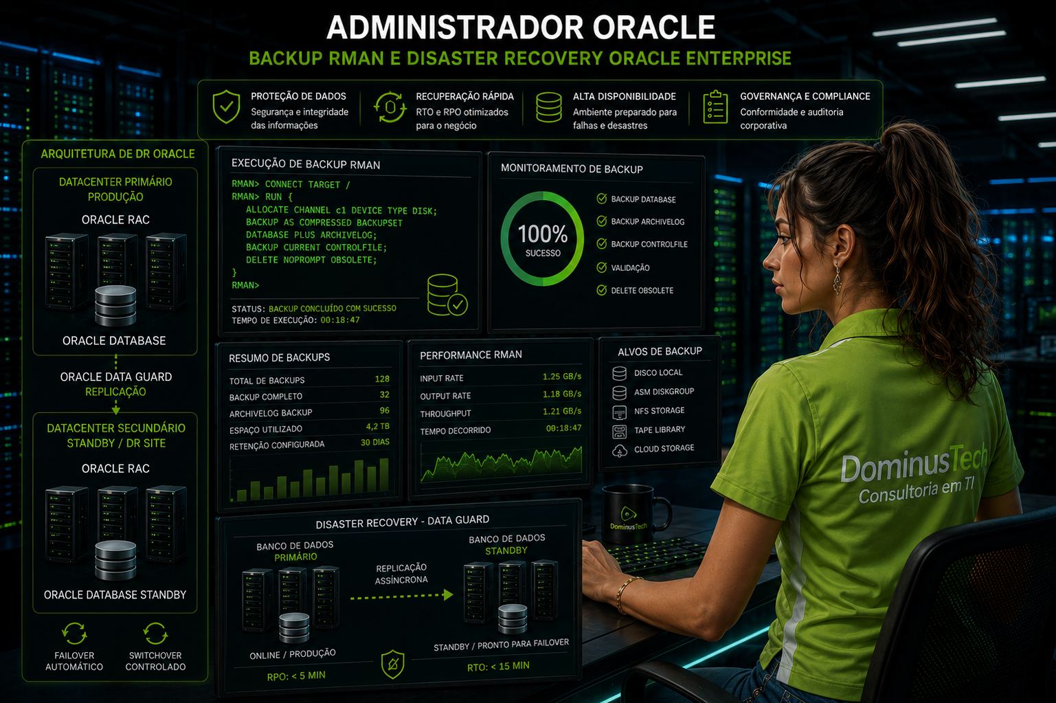 Administradora Oracle monitorando processos de backup RMAN e Disaster Recovery em ambiente corporativo com painéis de monitoramento, Oracle Database, Oracle Data Guard e infraestrutura enterprise de alta disponibilidade.