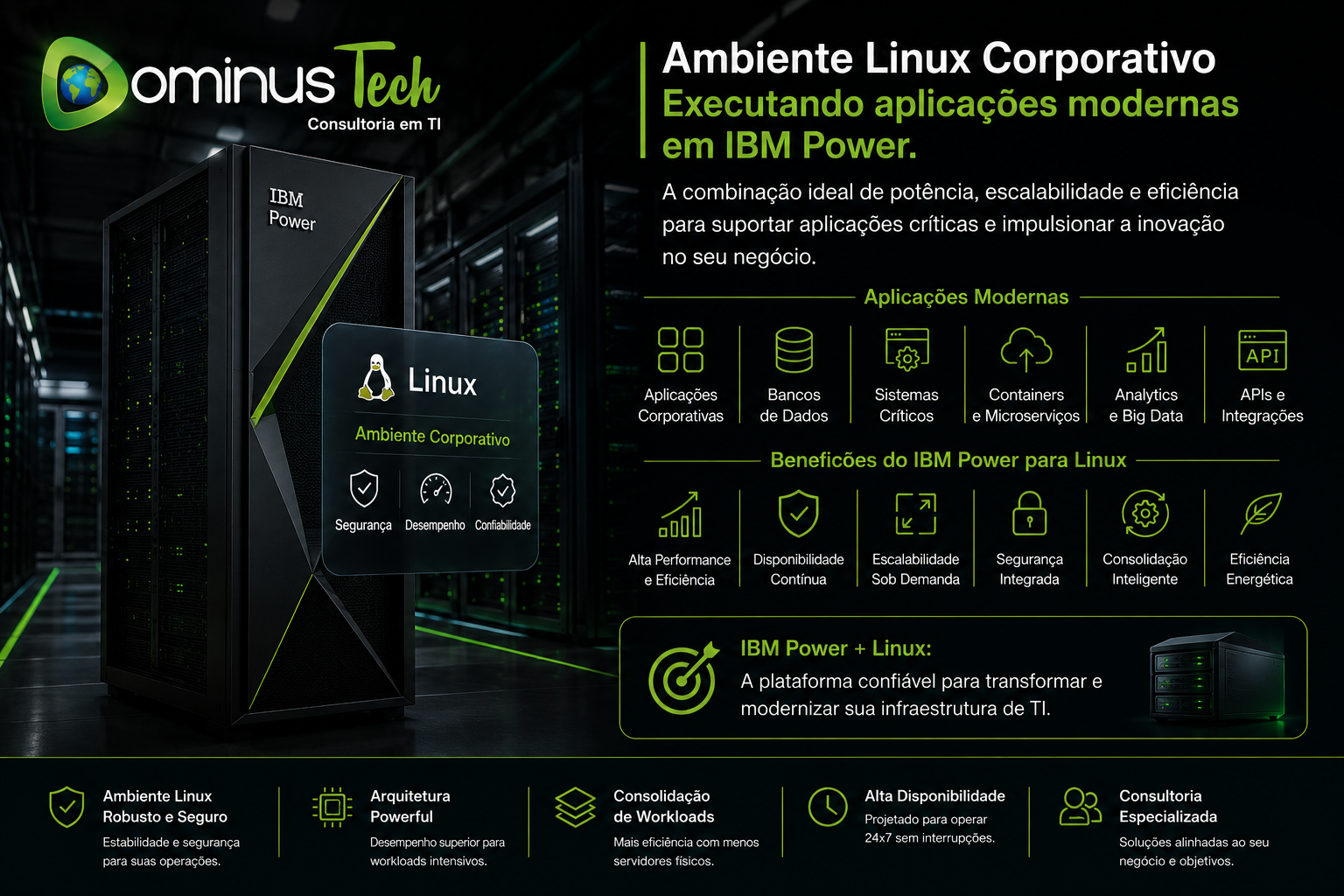 Ambiente Linux corporativo executando aplicações modernas em IBM Power com alta performance, segurança, escalabilidade e disponibilidade para operações empresariais críticas.