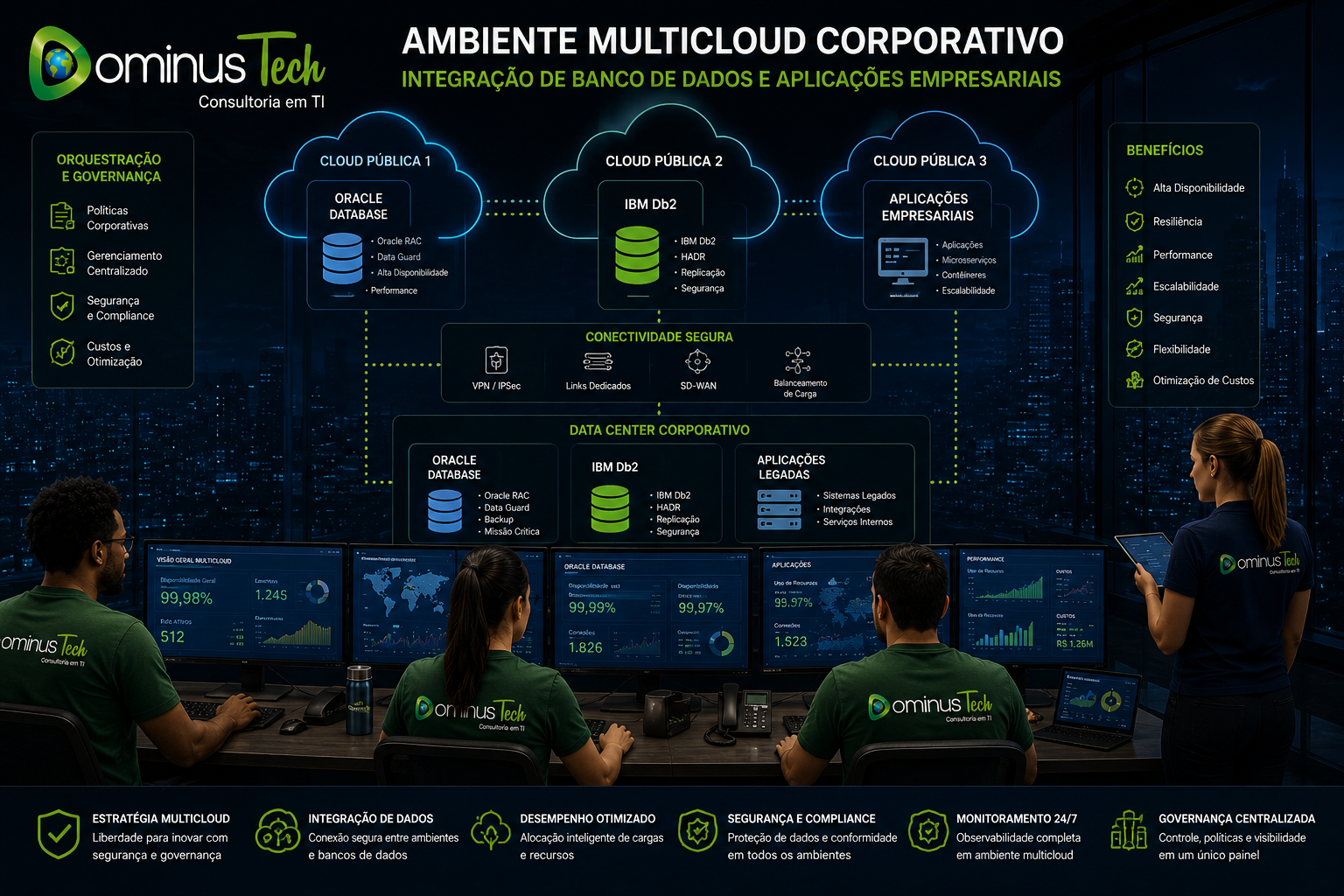 Estratégias multicloud para bancos de dados corporativos e aplicações empresariais com integração entre Oracle Database, IBM Db2, data center corporativo e monitoramento centralizado.