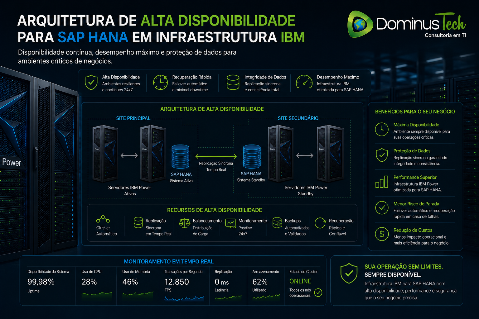 Arquitetura de alta disponibilidade para SAP HANA em infraestrutura IBM Power, apresentando servidores corporativos redundantes, replicação síncrona em tempo real, cluster de failover, monitoramento contínuo e dashboards analíticos para ambientes empresariais críticos.
