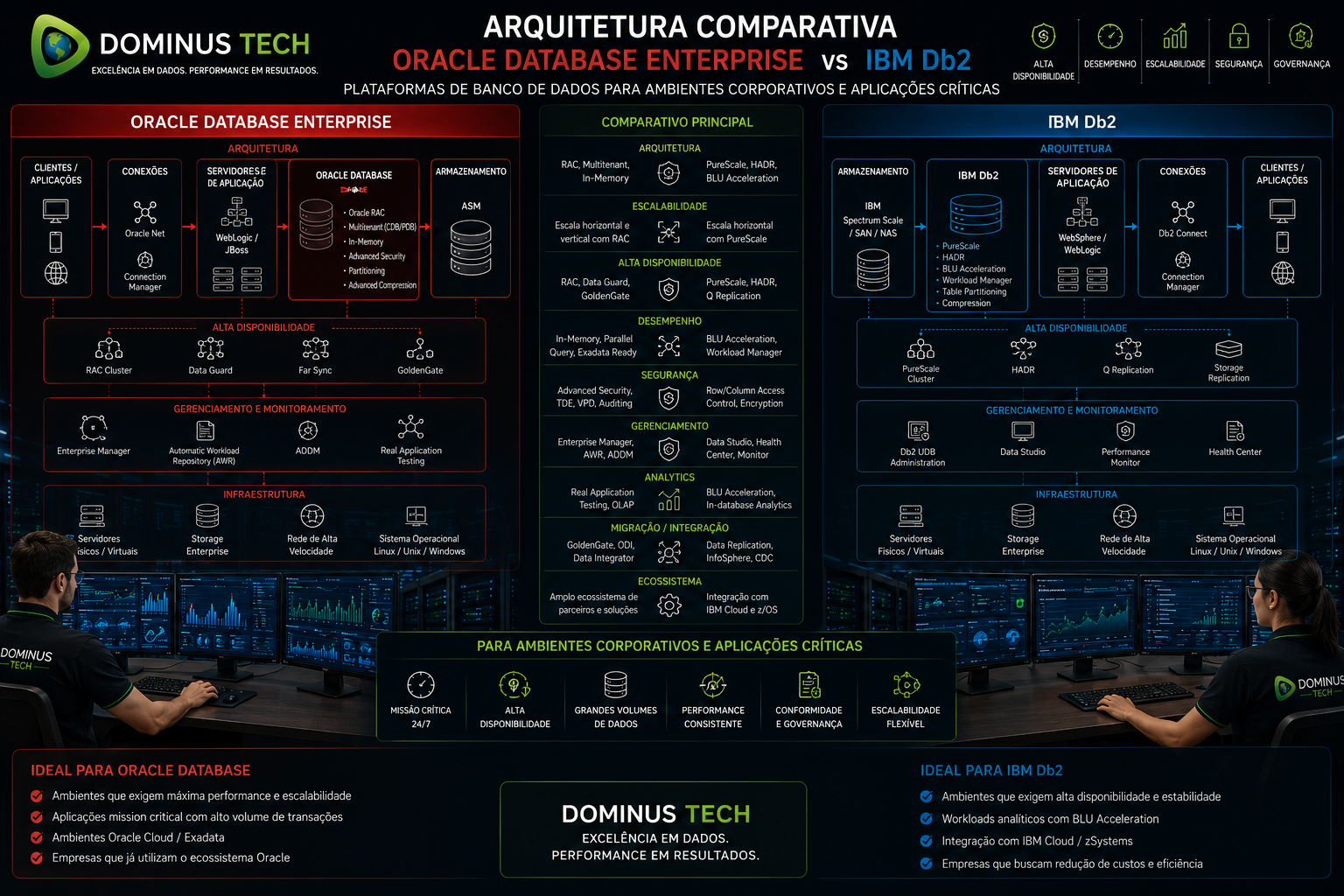 Arquitetura comparativa entre Oracle Database Enterprise e IBM Db2 em ambiente corporativo com dashboards analíticos, servidores empresariais, monitoramento avançado e infraestrutura crítica.